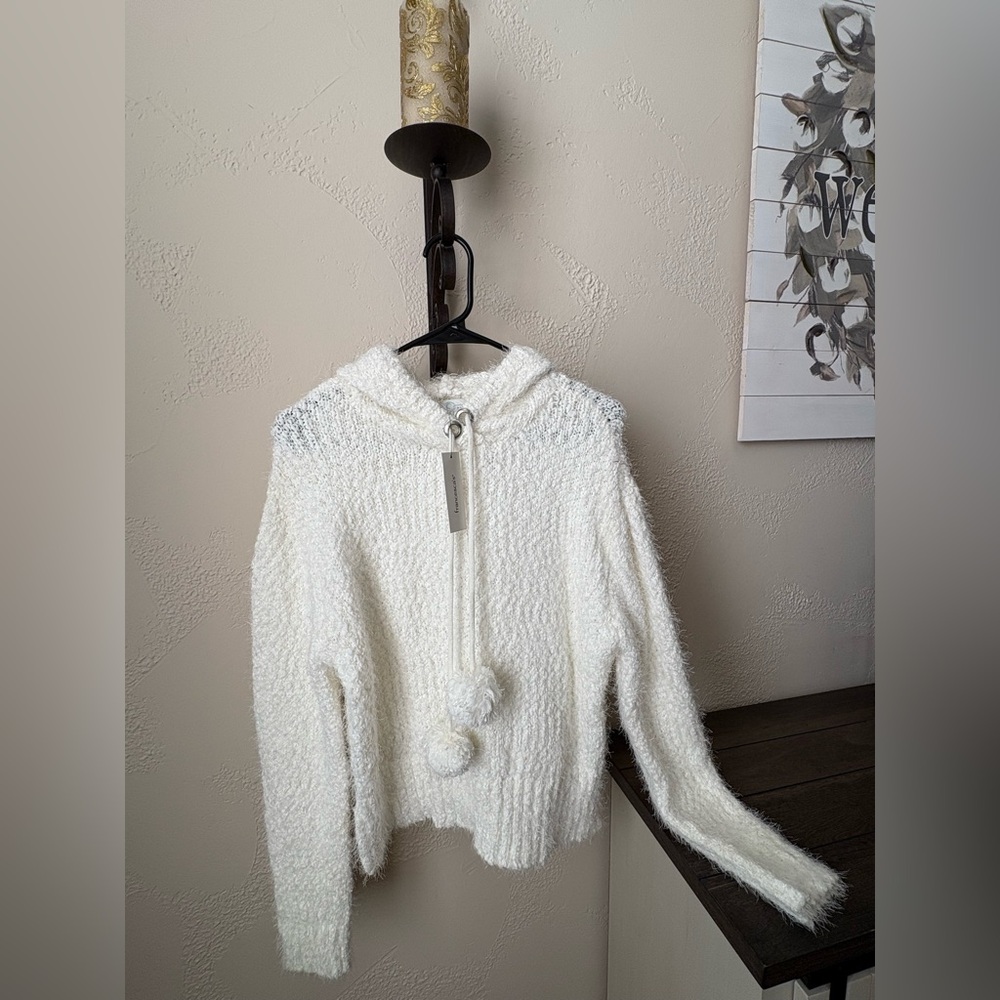 Cozy Cream Hooded Sweater with Pom Poms